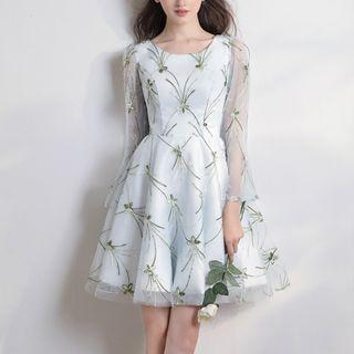 Embroidered Long-sleeve A-line Cocktail Dress