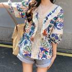 V Neck Puff Sleeve Printed Lace Top Flower - One Size