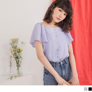 Flutter Sleeve Single-breasted Plain Chiffon Top