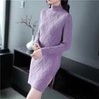 Mock-neck Patterned Long-sleeve Mini Sweater Dress