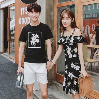 Couple Short-sleeve Printed T-shirt / Short-sleeve Floral A-line Dress