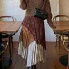 Color Block Panel Pleated Midi A-line Skirt
