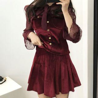 Mesh Panel Tie-neck Velvet Blouse / Pleated Velvet Skirt