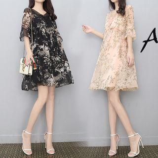 Short-sleeve Floral Print Chiffon A-line Skater Dress