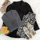 Long-sleeve Tie-neck Ruched Shirt