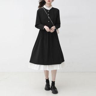 Mock Two-piece Long-sleeve Frill Trim Midi A-line Dress Black - One Size