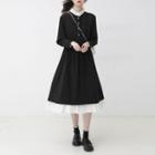 Mock Two-piece Long-sleeve Frill Trim Midi A-line Dress Black - One Size