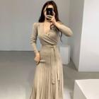 Long-sleeve Midi A-line Wrap Knit Dress