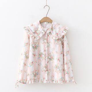 Frilled Capelet Floral Chiffon Long-sleeve Blouse