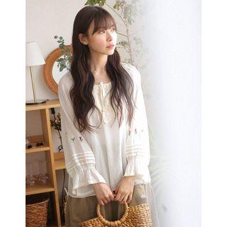 Flower Embroidery Peasant Blouse Beige - One Size