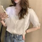 Lace Trim V-neck Puff-sleeve Blouse White - One Size
