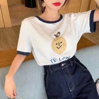 Short-sleeve Cartoon Print Ringer T-shirt / Denim Shorts