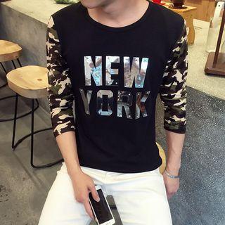 Lettering Camo Panel Long Sleeve T-shirt