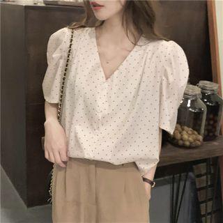 Puff-sleeve V-neck Polka Dot Blouse Almond - One Size