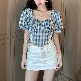 Puff-sleeve Plaid Lace Up Cropped Blouse