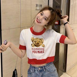 Short-sleeve Contrast Trim Bear Printed Cropped Knit Top As Shown In Figure - One Size