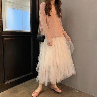 Ribbed Cardigan / Layered Midi Mesh Skirt