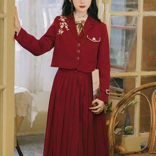 Floral Cropped Blazer / Pleated Midi Skirt / Lace Blouse / Set