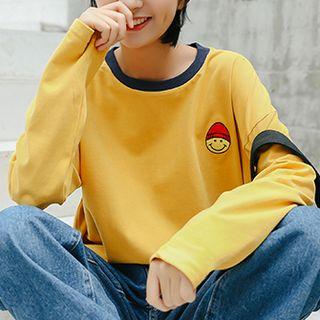 Long-sleeve Emoji Embroidered T-shirt Curcumin - One Size