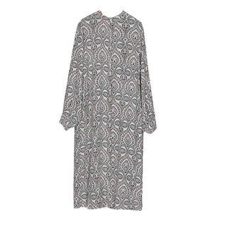 Print Long-sleeve Buttoned Midi Dress With Sash