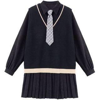 Set: Knit Vest + Long-sleeve Pleated Mini A-line Dress