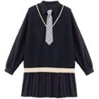 Set: Knit Vest + Long-sleeve Pleated Mini A-line Dress