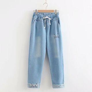 Drawstring Waist Cat Embroidered Slim-fit Jeans