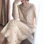 Mesh Overlay Cable Knit Midi Sweater Dress
