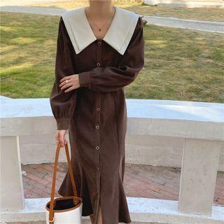 Long-sleeve Collared Ruffle Hem Midi Sheath Dress