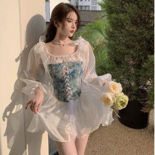 Strapless Lace Up Top / Puff-sleeve Blouse / Lace Trim Shorts