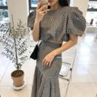 Set: Plaid Short-sleeve T-shirt + Midi A-line Skirt