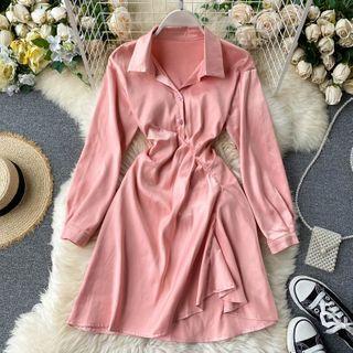 Puff-sleeve Satin Shirt Dress
