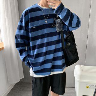 Couple Matching Long-sleeve Striped Pocket T-shirt