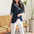 V-neck Elbow-sleeve Contrast-trim T-shirt