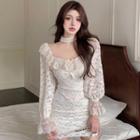 Long-sleeve Ruffle Trim Lace Mini Sheath Dress