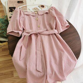Short-sleeve Buttoned Checked Wide-leg Jumpsuit