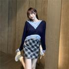 Contrast Trim V-neck Sweater / Plaid Mini A-line Skirt