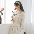 Long-sleeve Button-front Tie-waist Midi Dress