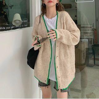 Contrast Trim Cardigan Sweater - Almond - One Size