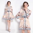 Long-sleeve Belted Floral Print Mini A-line Dress