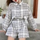 Set: Plaid Shirt + Wide-leg Shorts + Camisole Top