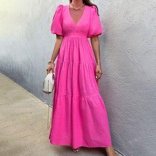 Short-sleeve V-neck Plain Maxi A-line Dress