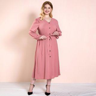 Plus Size Long-sleeve Button-up Midi A-line Dress