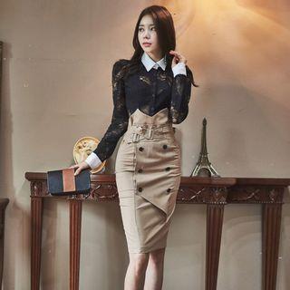 Set: Lace Long-sleeve Blouse + Midi Skirt
