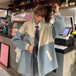 Color Block Hooded Zip Jacket Blue & White - One Size