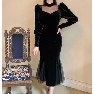Long-sleeve Ruffled Hem Velvet Midi Sheath Dress