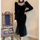 Long-sleeve Ruffled Hem Velvet Midi Sheath Dress