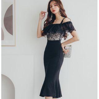 Short-sleeve Cold-shoulder Ruffle Hem Midi Sheath Dress