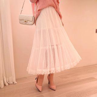 Lace-hem Long Tiered Tulle Skirt