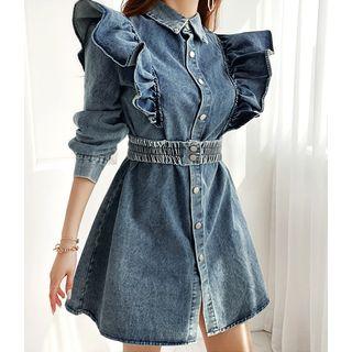 Ruffle-trim Denim Shirtdress With Belt Blue - One Size